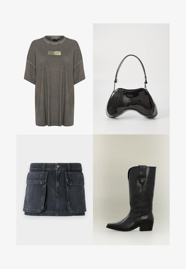 Oversized grijze T-shirt van zacht materiaal met een ronde hals. Bevat een lichtgele logo aan de voorkant en korte mouwen.; Zwarte denim rok met een aansluitende taille, knoopsluiting, twee grote voorzakken en contrasterende stiksel details.; Hoge zwarte leren cowboylaars met spitse neus, stevige hak en treklus met een klein gouden logo.; Zwarte gepatenteerde leren handtas met een unieke gebogen vorm, korte verstelbare handgreep en een ritsopening. Glad uiterlijk met subtiele branding.