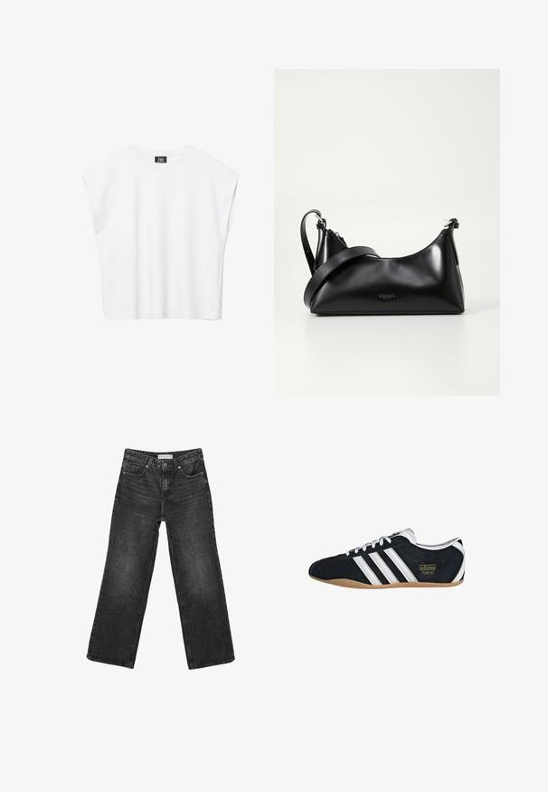 Haut court blanc sans manches à encolure ronde avec épaules larges et étiquette noire "B6" à l'intérieur du col.; Jean noir à jambes larges, poches avant et fermeture par bouton, étiquette de taille 38 visible à la ceinture.; Sneakers en suede noir avec trois bandes blanches, logo doré et semelle en caoutchouc marron. Présente un design à lacets à profil bas.; Sac à main en cuir noir avec une texture lisse. Dispose d'une bandoulière adjustable et d'un design élégant et minimaliste avec une fermeture éclair.