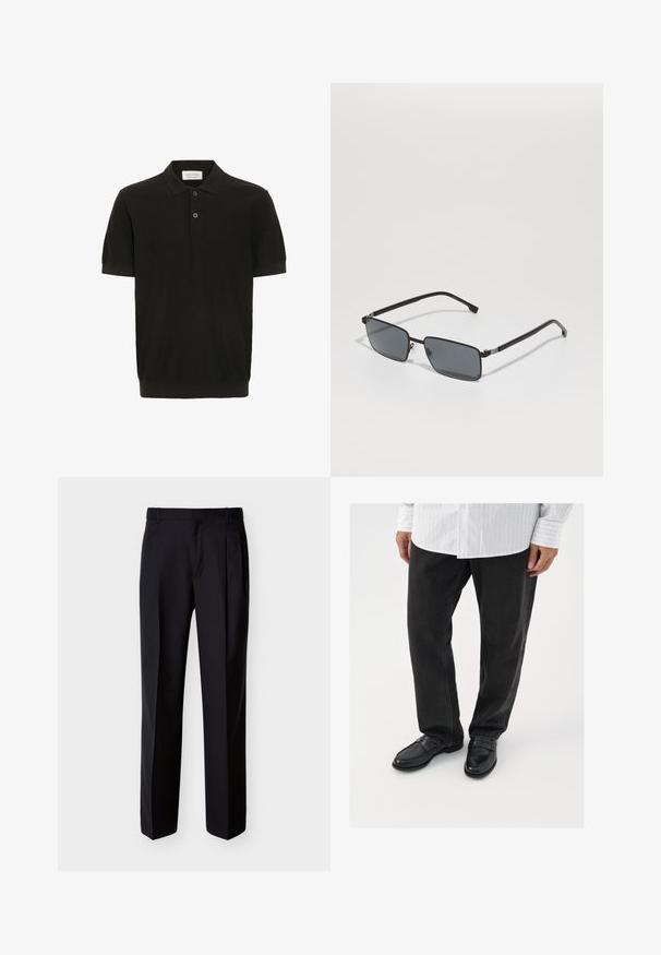 Zwarte polo met korte mouwen en een gestructureerde afwerking, drie-knoopsluiting en een klassieke kraag. Heeft een snug ribbelafwerking aan de onderkant.; Zwarte, op maat gemaakte broek met rechte pasvorm, geplooide voorkant en zijzakken. Gemaakt van een gladde, lichtgewicht stof met een effen patroon.; Zwarte denim broek gecombineerd met glanzende zwarte instappers. Het shirt is wit met dunne verticale strepen, heeft lange mouwen en een geknoopte kraag.; BOSS Zonnebril - matte black