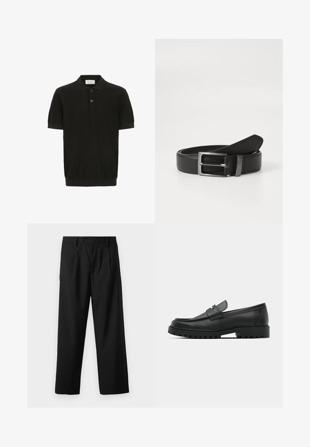 Zwarte polo met korte mouwen en een gestructureerde afwerking, drie-knoopsluiting en een klassieke kraag. Heeft een snug ribbelafwerking aan de onderkant.; Zwarte broek met een rechte snit, voorzien van een enkele knoopsluiting, twee voorzakken en een gladde, lichte stoftextuur.; Zwarte leren instappers met een ronde neus, voorzien van een gestikt ontwerp, een lage platformzool en een gestructureerde, grof rubberen buitenzool.; Zwarte leren riem met een zilveren metalen gesp, met een gladde afwerking en een klassiek ontwerp. De riem is netjes opgevouwen.