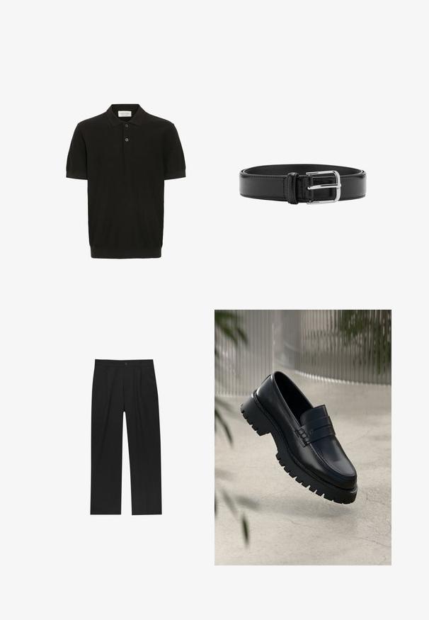 Polo shirt noir à manches courtes avec une finition texturée, patte de boutonnage à trois boutons et col classique. Doté d'un ourlet côtelé ajusté.; Pantalons noirs au design droit, fabriqués à partir d'un tissu lisse. Dotés de plis sur le devant et d'une fermeture à un bouton à la taille.; Mocassins en cuir noir avec une semelle à crampons épaisse, dotés d'une sangle décorative et de détails de couture. Texture lisse avec une finition polie.; Ceinture en cuir noir avec coutures visibles et boucle argentée brillante, posée à plat en position enroulée sur un fond blanc.