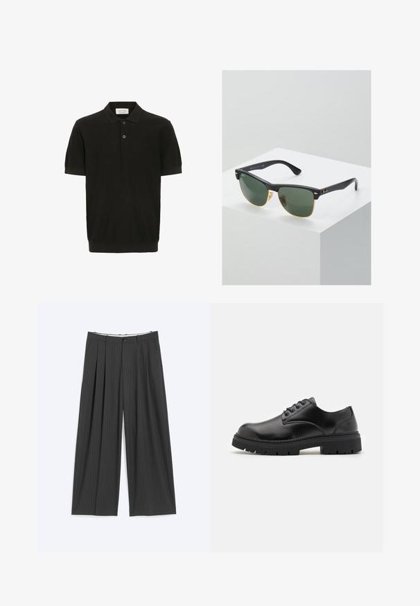 Polo de manga corta negro con un acabado texturizado, tapeta de tres botones y un cuello clásico. Presenta un dobladillo acanalado ceñido.; Pantalones de pierna ancha gris oscuro con finas rayas, pinzas delanteras, trabillas para cinturón y cierre con botón, extendidos sobre un fondo claro.; Zapatos de cuero negro con punta redondeada, diseño con cordones y una suela de goma gruesa y texturizada. Presentan costuras a lo largo del borde y un acabado suave.; Gafas de sol Ray-Ban con lentes verdes, montura de plástico negro y acentos dorados en los bordes. Forma cuadrada con acabado mate.