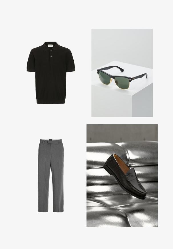 Sort kortærmet polo-shirt med tekstureret overflade, tre-knaps placket og klassisk krave. Har en tætsiddende ribbet kant i bunden.; Grå bukser med en glat tekstur, lige ben-design og subtilt lodret mønster. Har remsløjfer samt for- og baglommer.; Sort lædersko med krokodillemønster, svævende over en skinnende sølvfarvet sofa med knapper, der fremhæver skoens detaljer og tekstur i nærbillede.; Ray-Ban solbriller med grønne linser, sorte plastikstel og gyldne detaljer ved kanterne. Firkantet form med mat finish.