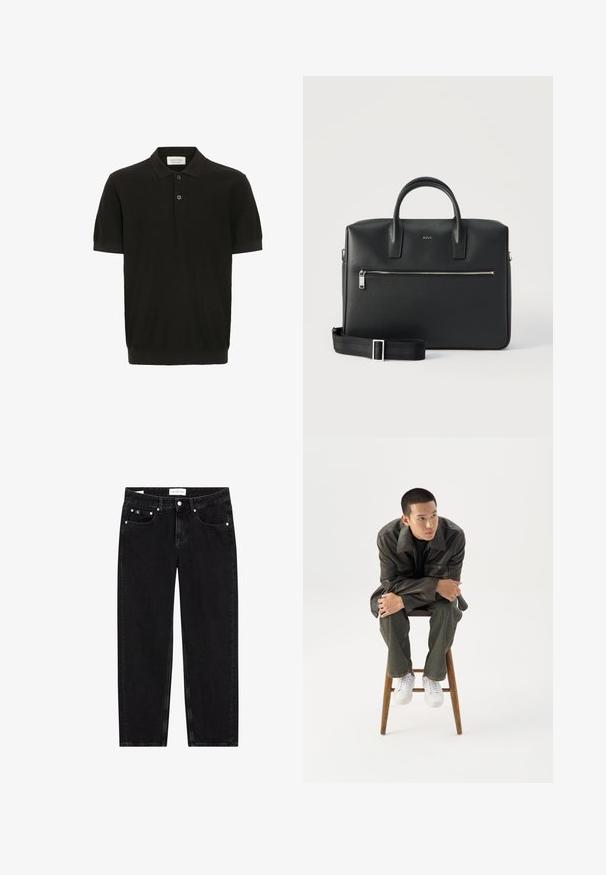 Zwarte polo met korte mouwen en een gestructureerde afwerking, drie-knoopsluiting en een klassieke kraag. Heeft een snug ribbelafwerking aan de onderkant.; Zwarte denim jeans met een rechte pasvorm, een licht verwassen textuur, vijf zakken en zilveren hardware details. Label op de tailleband.; Jonge man in een donkere leren jas en spijkerbroek zit op een houten kruk, leunt naar voren met gekruiste armen en kijkt naar de zijkant tegen een witte achtergrond.; Zwarte leren aktetas met twee handvatten, voorvak met rits, afneembare schouderriem en klein BOSS-logo op een gladde, gestructureerde oppervlakte.