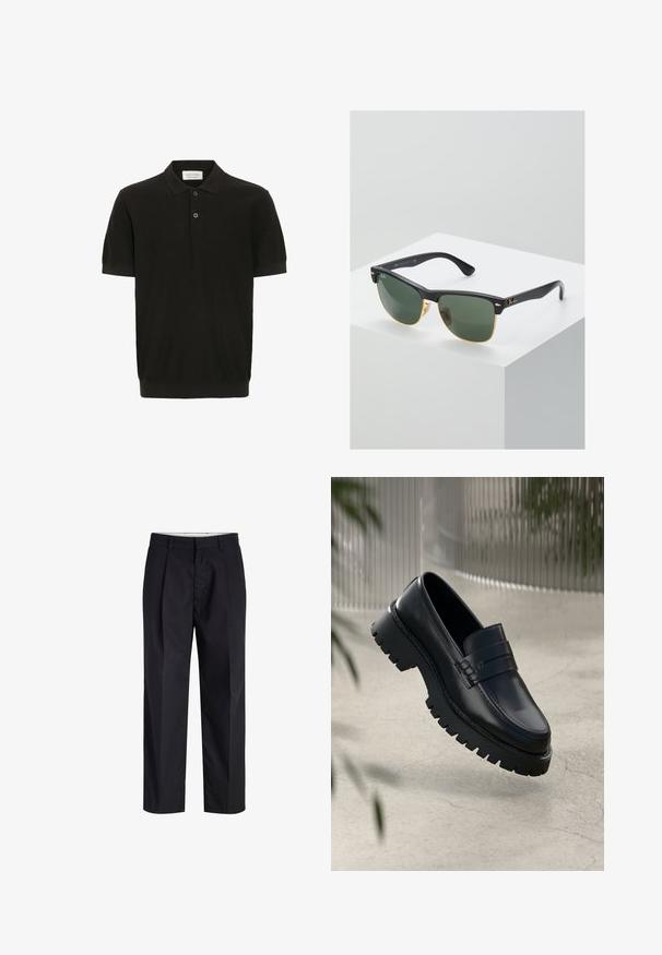 Zwarte polo met korte mouwen en een gestructureerde afwerking, drie-knoopsluiting en een klassieke kraag. Heeft een snug ribbelafwerking aan de onderkant.; Zwarte broek met rechte pijpen, voorzien van een tailleband, riemlussen, een ritssluiting aan de voorkant en zijzakken, afgebeeld op een witte achtergrond.; Zwarte leren instappers met een chunky loopzool, voorzien van een decoratieve band en stikseldetails. Gladde textuur met een gepolijste afwerking.; Ray-Ban zonnebrillen met groene lenzen, zwarte plastic monturen en gouden accenten aan de randen. Vierkante vorm met een matte afwerking.