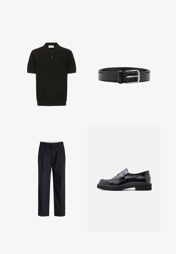 Polo de manga corta negro con un acabado texturizado, tapeta de tres botones y un cuello clásico. Presenta un dobladillo acanalado ceñido.; Pantalones negros de tiro recto con cinturilla, trabillas, cremallera frontal y bolsillos laterales mostrados sobre un fondo blanco.; Zapato negro de piel sin cordones con un diseño elegante, punta redondeada y una suela de goma gruesa y texturizada. Cuenta con una correa decorativa en la parte frontal.; Cinturón de cuero negro con costuras visibles y una hebilla plateada brillante, colocado plano en posición enrollada sobre un fondo blanco.