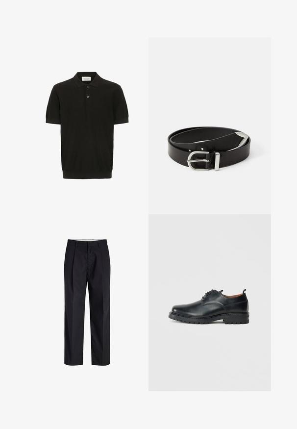 Polo shirt noir à manches courtes avec une finition texturée, patte de boutonnage à trois boutons et col classique. Doté d'un ourlet côtelé ajusté.; Pantalon noir à jambes droites avec taille, passants de ceinture, fermeture éclair à l'avant et poches latérales, présenté sur fond blanc.; Chaussures derby en cuir noir avec une texture lisse, bout rond, design à lacets et une semelle en caoutchouc épaisse et robuste.; Ceinture en cuir noir avec une boucle en métal argenté, présentant un design classique et une texture lisse. Comprend des trous pour un ajustement flexible.