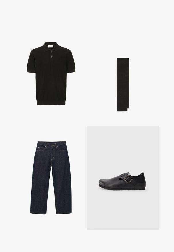 Zwarte polo met korte mouwen en een gestructureerde afwerking, drie-knoopsluiting en een klassieke kraag. Heeft een snug ribbelafwerking aan de onderkant.; Donkerblauwe spijkerbroek met een losse pasvorm, voorzien van gouden stiksels, een knoopsluiting aan de voorkant en twee zijzakken.; Zwarte leren klomp met een verstelbare gespsluiting, ronde neus, zijuitsparing en een gestructureerd oppervlak. Stevige zwarte rubberen zool.; Zwarte stoffen stropdas met een gladde, gestructureerde afwerking. Rechthoekige vorm, met strakke randen en een ingetogen ontwerp. Geschikt voor formele kleding.
