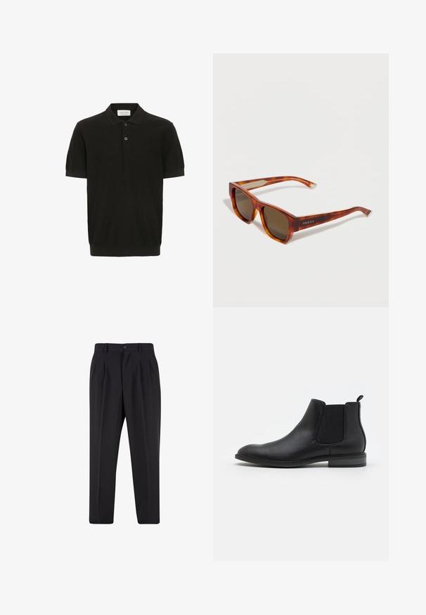 Schwarzes Poloshirt mit kurzen Ärmeln und strukturiertem Finish, drei-Knopf-Leiste und klassischem Kragen. Besitzt einen eng anliegenden gerippten Saum.; Schwarze, maßgeschneiderte Hose mit vorderen Bundfalten, Gürtelschlaufen und Knopfverschluss an der Taille.; Schwarze Leder-Chelsea-Stiefel mit elastischen Seitenpaneelen, runder Zehenform und Zugschlaufe, ausgestattet mit einem niedrigen Blockabsatz und glatter Textur.; Rechteckige Sonnenbrille im Schildpatt-Design mit dunklen Gläsern, verziert mit "GUCCI"-Markenlogo auf den Bügeln, schräg auf weißem Hintergrund.