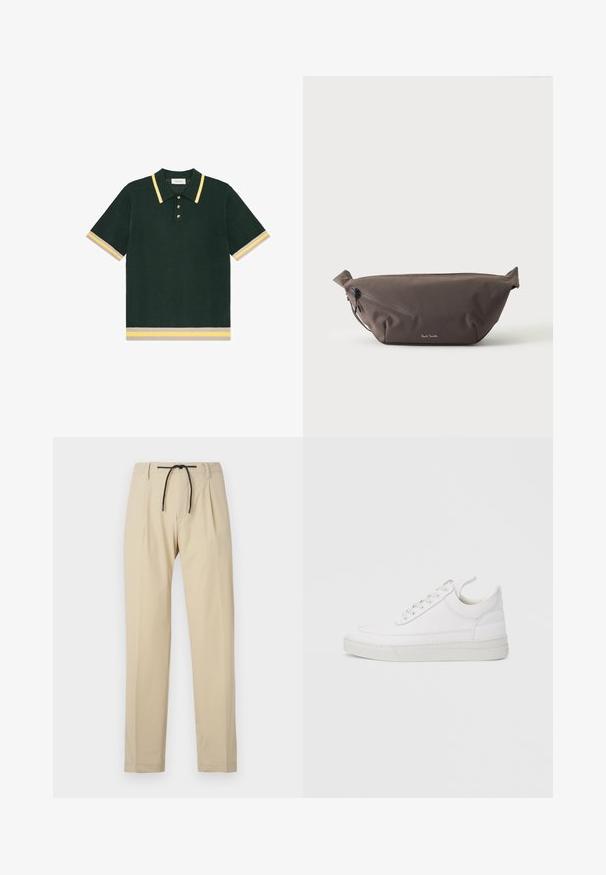 Polo en maille vert foncé à manches courtes avec des rayures jaunes et beiges sur le col, les poignets et l'ourlet, avec trois boutons à la patte de boutonnage.; Pantalon beige à coupe droite, avec une taille à cordon de serrage, un devant plissé et une texture lisse. Design simple et polyvalent.; Baskets en cuir blanc avec un embout arrondi, une semelle plate et un laçage à l'avant. Présentent des détails de couture et un col rembourré pour plus de confort.; Sac banane en tissu marron foncé avec poche zippée en diagonale et petit logo blanc sur le devant, sur un fond clair uni.