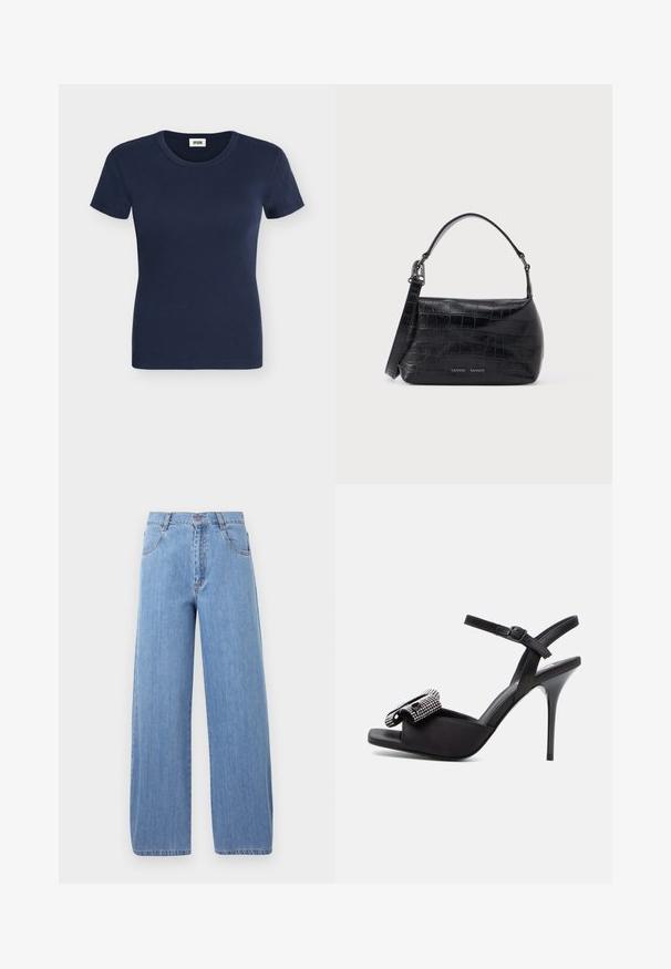 Mørkeblå kortærmet ribstrikket bomulds T-shirt med rund halsudskæring og tætsiddende pasform.; Lyseblå, vidde jeans lavet af denim, med høj talje, forlommer og diskrete syninger på sømmene.; Sort højhælet sandal med tynd ankelrem og dekorativ sommerfugle-sløjfe med rhinsten på tåen.; Sort skuldertaske i krokodillepræget læder med øverste håndtag og logo trykt på forsiden.