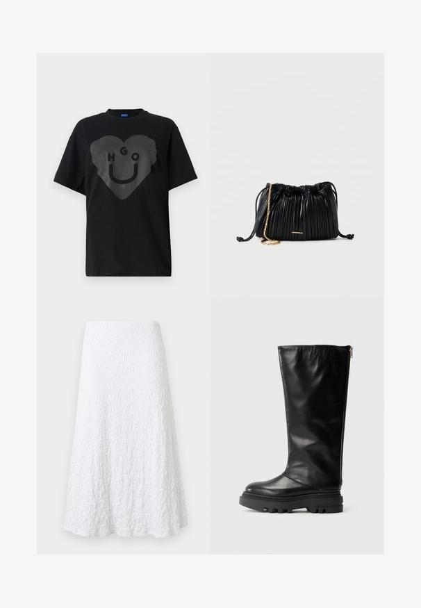 Zwarte t-shirt, oversized pasvorm, met een grote hartgrafiek met de tekst "HGO" en een smiley gezicht in een glanzende afwerking op de voorkant.; Witte A-lijn midi-rok met textuur, subtiele geplooide stof en uitlopende zoom.; Zwarte leren kniehogere laars met een ronde neus, chunky rubberen zool en een ritssluiting aan de zijkant. Gladde textuur met minimale details.; Zwarte plissé leren handtas met trekkoord, gouden kettingriem en een klein horizontaal gouden accent aan de voorkant.