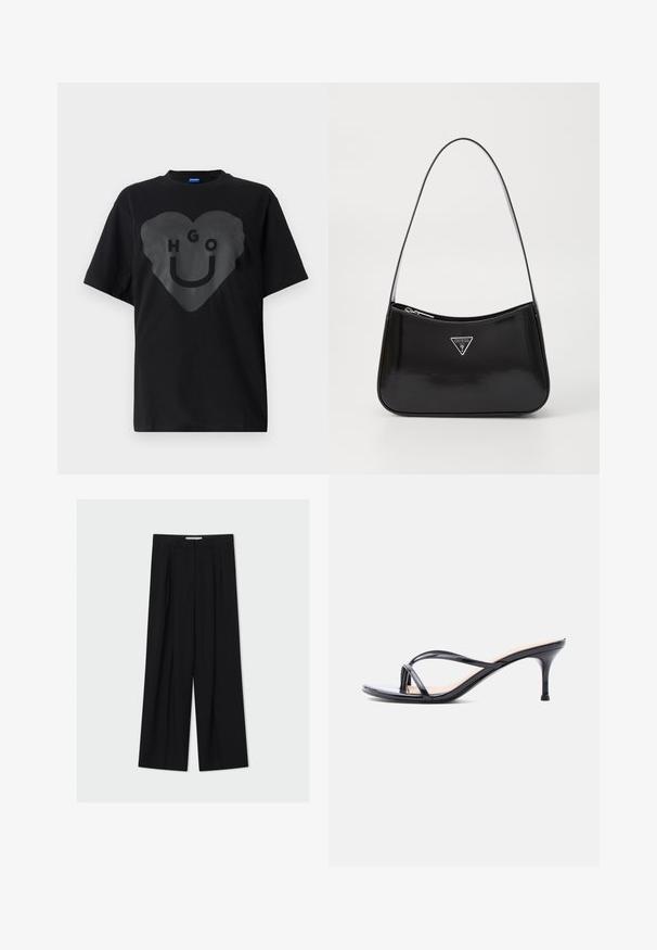 Sort t-shirt, oversized pasform, med en stor hjertegrafik og teksten "HGO" samt en smilende ansigt i blank finish på fronten.; Sorte vidde bukser med høj talje, bæltestropper og forreste læg, vist mod en lys grå baggrund.; Sort laklædersandal med hæl, tynde krydsede remme og en slank mellemhøj stilethæl på en hvid baggrund.; Sort patenteret læder skuldertaske med en buet form, prydet med et sølvfarvet trekantet logo og en lynlås-lukning. Glat tekstur og slank rem.