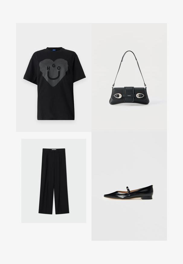 Sort t-shirt, oversized pasform, med en stor hjertegrafik og teksten "HGO" samt en smilende ansigt i blank finish på fronten.; Sorte vidde bukser med høj talje, bæltestropper og forreste læg, vist mod en lys grå baggrund.; Sorte patenterede læder Mary Jane flade sko med spids tå, én rem og lav hæl på ensfarvet baggrund.; Sort skuldertaske i læder med to sølvspænder og justerbar rem, med "HUGO"-logo på midten foran.