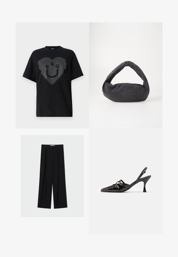 Schwarzes T-Shirt, übergroßer Schnitt, mit einem großen Herz-Graphic auf der Vorderseite, das den Text "HGO" und ein Smiley-Gesicht in glänzender Optik zeigt.; Schwarze, weit geschnittene Hose mit hoher Taille, Gürtelschlaufen und vorderen Falten, vor hellem grauem Hintergrund präsentiert.; ALOHAS JOELLE ONIX - Pumps - black; Dunkelgraue Stofftasche mit einem gebogenen Griff, weicher Textur und runder Form. Keine sichtbaren Beschläge oder Verzierungen.
