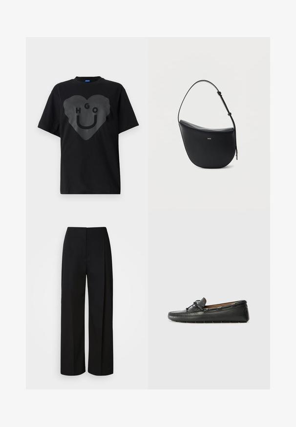 Schwarzes T-Shirt, übergroßer Schnitt, mit einem großen Herz-Graphic auf der Vorderseite, das den Text "HGO" und ein Smiley-Gesicht in glänzender Optik zeigt.; Schwarze, hoch taillierte, weit geschnittene Hosen mit einer verdeckten Vorderseite, maßgeschneiderten Nähten und einem glatten, strukturierten Stoff.; Schwarze Lederbootsschuhe mit rundem Zehenbereich, gestickten Details, kleinem Schleifenakzent und Gummisohle. Glatte Textur und schlankes Design.; Schwarze halbmondförmige Lederschultertasche mit verstellbarem Schulterriemen und goldenem "BOSS"-Logo mittig vorne.