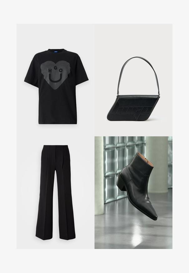 Sort t-shirt, oversized pasform, med en stor hjertegrafik og teksten "HGO" samt en smilende ansigt i blank finish på fronten.; Sorte bukser lavet af glat stof, med høj talje, bred ben silhuet og to frontfolder for ekstra design detaljer.; Sort læderankelstøvle med spids tå og blokhæl, der svæver over en reflekterende grå gulv nær en væg af glasblokke.; Sort skuldertaske i læder med trekantet form, præget logo og en enkelt justerbar rem. Minimalistisk design med glat tekstur.