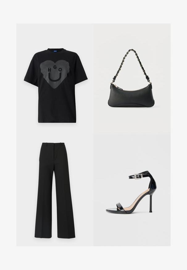 Sort t-shirt, oversized pasform, med en stor hjertegrafik og teksten "HGO" samt en smilende ansigt i blank finish på fronten.; Sorte buks med vide ben og skræddersyet design, der har en glat tekstur og subtile plisseringer foran. Ingen synlige detaljer eller mønstre.; Sort højhælet sandal i laklæder med ankelrem. Har minimalistisk design, åben tå og spænde med rhinsten-detaljer.; Sort skuldertaske i læder med en buet rektangulær form, gyldent kæde vævet ind i en flettet sort rem og toplynlås.