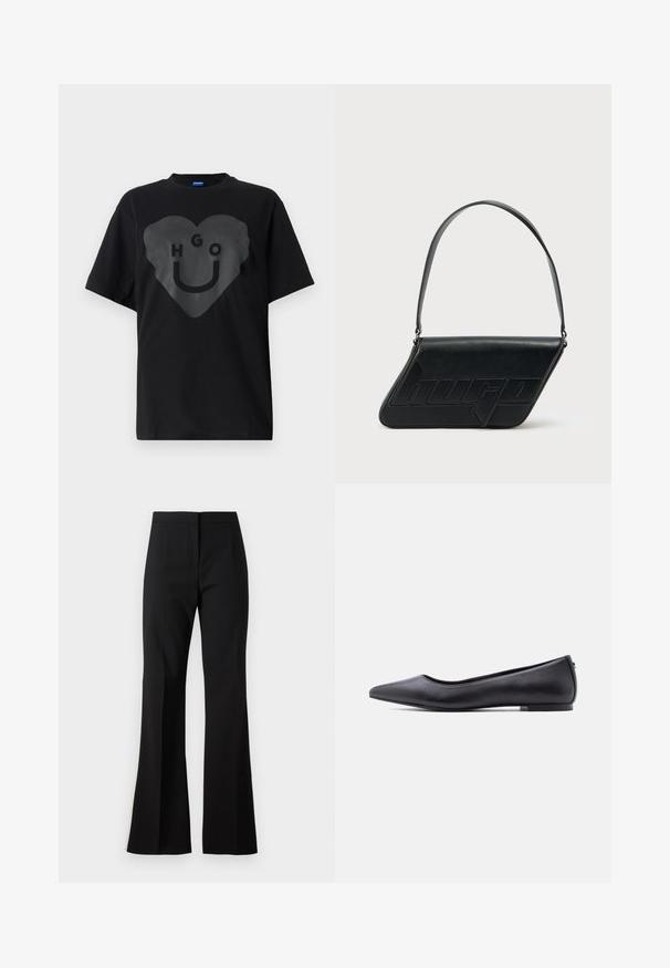 Sort t-shirt, oversized pasform, med en stor hjertegrafik og teksten "HGO" samt en smilende ansigt i blank finish på fronten.; Sorte svingbukser lavet af et glat stof, med højtaljet talje, forreste folder og en ren finish ved sømmene.; Sort flad lædersko med spidst tåparti og lav hæl, vist i sideprofil mod en hvid baggrund.; Sort skuldertaske i læder med trekantet form, præget logo og en enkelt justerbar rem. Minimalistisk design med glat tekstur.