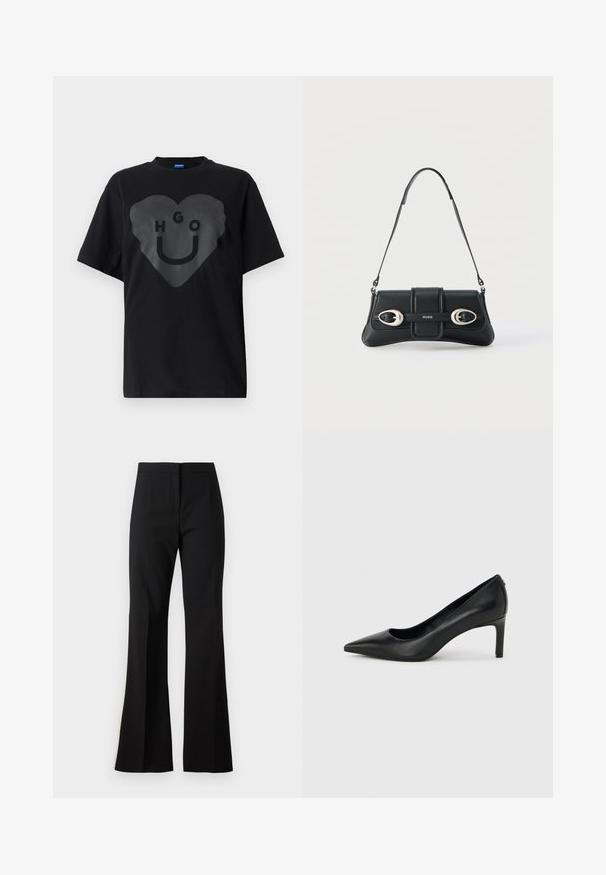 Sort t-shirt, oversized pasform, med en stor hjertegrafik og teksten "HGO" samt en smilende ansigt i blank finish på fronten.; Sorte svingbukser lavet af et glat stof, med højtaljet talje, forreste folder og en ren finish ved sømmene.; Sort læderhøjhælet pumpe med spids tå og slank, mellemhøj hæl på en ensartet lys grå baggrund.; Sort skuldertaske i læder med to sølvspænder og justerbar rem, med "HUGO"-logo på midten foran.