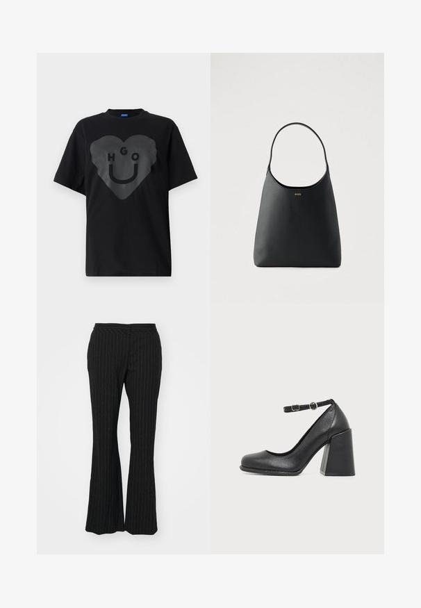Schwarzes T-Shirt, übergroßer Schnitt, mit einem großen Herz-Graphic auf der Vorderseite, das den Text "HGO" und ein Smiley-Gesicht in glänzender Optik zeigt.; Schwarze Schlaghosen mit Nadelstreifen, die eine glatte Textur und eine mittelhohe Taille aufweisen. Sie sind mit einer taillierten Passform und einem dezenten Glanz gestaltet.; Schwarzer Leder-Pumps mit abgerundeter Spitze und dickem Blockabsatz, mit verstellbarem Knöchelriemen und kleiner runder Schnalle.; Schwarze Lederhandtasche mit einem einzelnen, geschwungenen Griff, glatter Textur und einem dezenten Logo vorne. Minimalistisches Design und ein geräumiges Inneres.