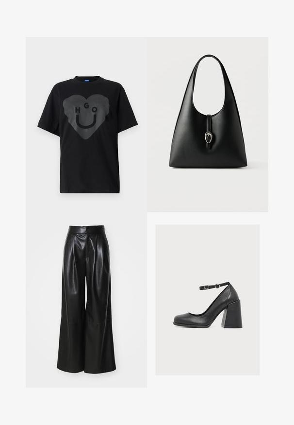 Schwarzes T-Shirt, übergroßer Schnitt, mit einem großen Herz-Graphic auf der Vorderseite, das den Text "HGO" und ein Smiley-Gesicht in glänzender Optik zeigt.; Schwarze Kunstleder-Hosen mit weit geschnittenem Bein, hoher Taille, plissierter Vorderseite und glatter Textur. Verfügt über ein sauberes, minimalistisches Design.; Schwarzer Lederblockabsatzschuh mit abgerundetem Zeh und verstellbarem Knöchelriemen mit doppelter silberner Schnalle auf weißem Hintergrund.; Schwarze Lederhandtasche mit einem einzelnen Griff und einem Verschlussriemen mit silberner Schnalle vor weißem Hintergrund.