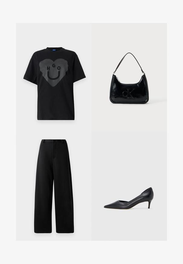 Sort t-shirt, oversized pasform, med en stor hjertegrafik og teksten "HGO" samt en smilende ansigt i blank finish på fronten.; Sorte bredbenede bukser lavet af glat stof, med flad front, bæltestropper og lynlås; ingen synlige lommer eller hardware detaljer.; Sort læderpumpe med spids tå og lav hæl. Har en glat tekstur og subtil glans. Åben udskæring foran for ekstra detalje.; Sort patentlæder håndtaske med et buet topgreb, lynlåsslukning og prægede "cK" logo på fronten. Glat tekstur, struktureret form.