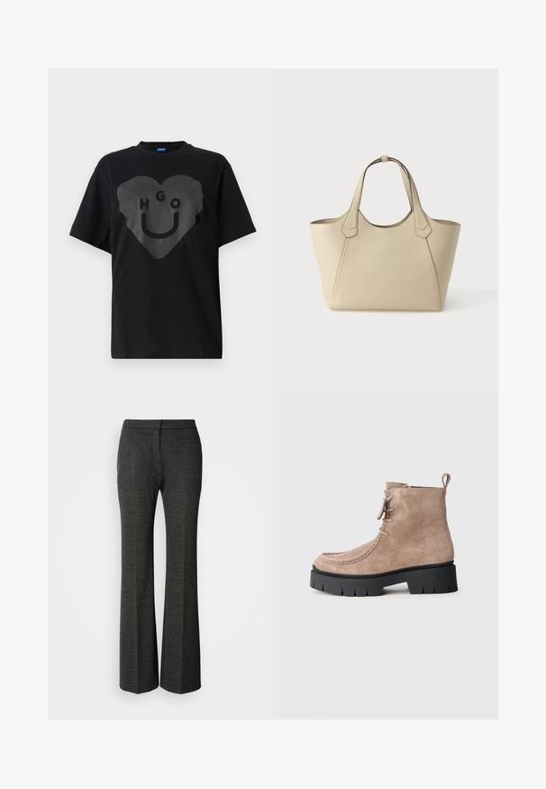 Sort t-shirt, oversized pasform, med en stor hjertegrafik og teksten "HGO" samt en smilende ansigt i blank finish på fronten.; Grå, flagrende bukser lavet af tekstureret stof. Har en flad front, skræddersyet silhuet og et subtilt hørmønster overalt.; Beige ruskind ankelstøvle med rund tå, stikninger, sort chunky sål og en løkke bagpå for nem påtagning.; Beige lædertaske med solide håndtag og lille gyldent "BOSS"-logo centreret på frontpanelet mod en ensfarvet baggrund.