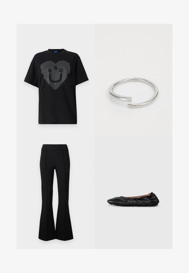 Schwarzes T-Shirt, übergroßer Schnitt, mit einem großen Herz-Graphic auf der Vorderseite, das den Text "HGO" und ein Smiley-Gesicht in glänzender Optik zeigt.; Schwarze Hose mit hohem Bund und ausgestelltem Bein, vertikalen Nähten vorne und weitem Beinabschluss, vor hellem, schlichten Hintergrund dargestellt.; Schwarze Leder-Ballettschuhe mit gerafften Details am Kragen, runder Spitze und flexiblem Gummisohle. Ganze Oberfläche mit glatter Textur.; Calvin Klein SPIRAL - Armband - silver-coloured