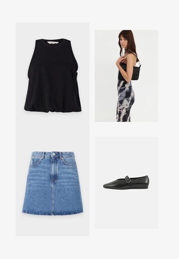 Top noir sans manches en tissu doux, doté d'un col rond et d'une coupe ample qui tombe doucement au niveau de l'ourlet. Pas de motifs ni d'accents visibles.; Jupe en jean de forme évasée en A, lavage bleu clair, avec deux poches avant et une fermeture à bouton à la taille. Détails de couture visibles.; Chaussure plate en cuir noir avec un orteil pointu, présentant une sangle à boucle métallique sur le cou-de-pied et une semelle basse et flexible.; Sac à épaule noir en matelassé avec une seule sangle et des accessoires en argent, associé à une robe ajustée à motif tie-dye dans des teintes de noir et de crème.