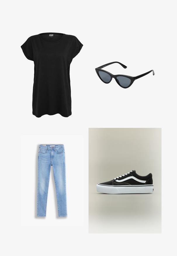 T-shirt en coton noir avec des manches courtes, un col rond et une coupe décontractée. Présente une étiquette sur le col. Texture lisse et design simple.; Jean en denim bleu clair à coupe slim, comprenant cinq poches, une fermeture à bouton et à glissière, et un léger délavage le long des jambes.; Baskets basses noires avec bande blanche latérale, lacets blancs, semelle en caoutchouc blanche et bout texturé sur fond neutre.; Lunettes de soleil noires en forme d'œil de chat avec des verres gris foncé, monture en plastique élégante, coins pointus et branches droites. Pas de métal visible ni d'accents.