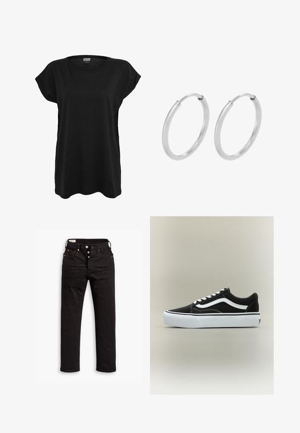 T-shirt en coton noir avec des manches courtes, un col rond et une coupe décontractée. Présente une étiquette sur le col. Texture lisse et design simple.; Jean noir à jambe droite avec fermeture à boutons, poches avant et arrière, et détails en rivets cuivrés sur fond blanc.; Baskets basses noires avec bande blanche latérale, lacets blancs, semelle en caoutchouc blanche et bout texturé sur fond neutre.; Boucles d'oreilles en argent, de forme circulaire, avec une texture lisse et brillante, et une largeur constante. Design minimaliste sans accents supplémentaires.