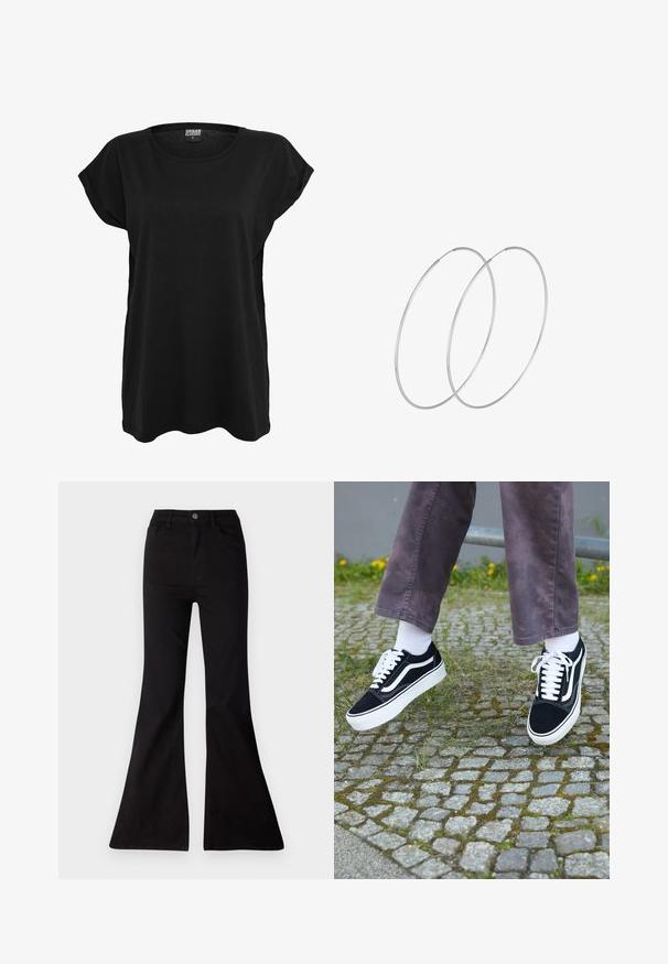 T-shirt en coton noir avec des manches courtes, un col rond et une coupe décontractée. Présente une étiquette sur le col. Texture lisse et design simple.; Jean noir évasé en denim, avec taille haute, poches avant et large ouverture au niveau des ourlets pour une silhouette à jambes larges.; Baskets en suède noir avec des accents blancs, présentant un bout rond, une semelle blanche épaisse et un design classique à lacets, portées avec des chaussettes blanches et un pantalon violet.; Boucles d'oreilles en argent au design minimaliste. Forme circulaire, texture lisse et profil fin. Légères avec une finition polie.