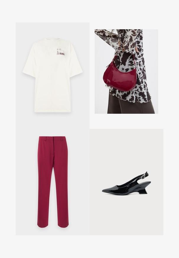 T-shirt blanc à manches courtes avec un petit bouledogue en contour et le texte "Slow Morning" imprimé sur le côté gauche de la poitrine.; Pantalon bordeaux en tissu lisse avec une coupe droite, équipé d'une ceinture, de passants pour ceinture et de poches latérales. Aucun détail décoratif.; Chaussure slingback en cuir verni noir avec bout pointu et petit talon bloc incliné sur fond clair uni.; Femme portant un chemisier à motif noir et blanc tenant un sac à main rouge brillant sur un fond uni.