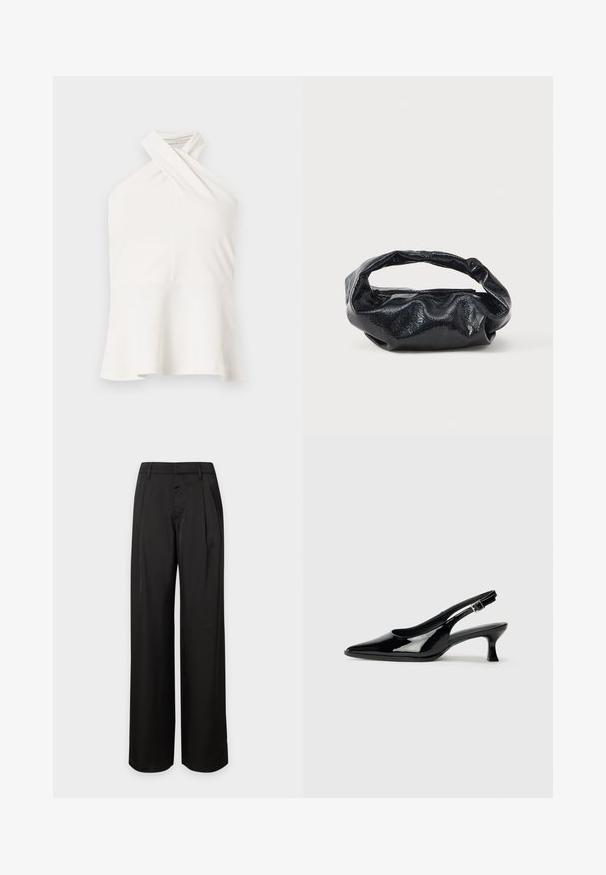 Haut blanc sans manches avec un décolleté halter croisé et un ourlet évasé, présenté sur un fond clair uni.; Pantalon noir taille haute à jambes larges avec passants de ceinture et plis devant, présenté sur un fond clair uni.; Escarpins en cuir verni noir avec un bout pointu et un petit talon carré. Sangle réglable à la cheville avec boucle.; Sac noir en matériau texturé et brillant avec une poignée circulaire torsadée et une fermeture éclair. Présente un design doux et froissé.