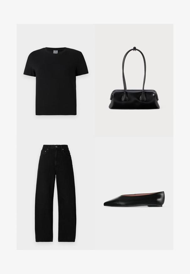 Camiseta de algodón negra con cuello redondo y mangas cortas. Diseño sencillo, sin patrones ni acentos, con un corte recto en la cintura.; Pantalones vaqueros de mezclilla negra de pierna ancha con cintura alta, que cuentan con un cierre de botón frontal, bolsillos y una textura suave y mate.; Zapato plano negro de cuero para mujer con punta puntiaguda y tacón bajo, mostrado de lado sobre un fondo liso gris claro.; Bolso de mano de cuero negro con dos asas alargadas, una textura suave y una base redondeada con detalles decorativos en los laterales.