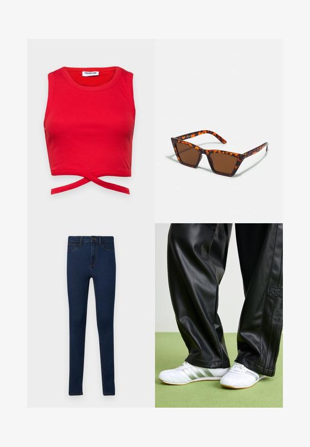 Rød bomulds crop top med ribbet tekstur, ærmeløs design og en knyttet detalje foran for et tæt fit.; Stramme jeans i mørkeblåt denim med en glat overflade, der har et klassisk fem-pockets design og kontrasterende guldsting.; Sorte faux leather bukser med en løs pasform, der har en glat overflade og sidelister. Sammen med hvide sneakers med sølvdetaljer.; Brune tonede solbriller med et skildpadde-mønster, vinklede stel og slanke arme. Letvægts plastmateriale.