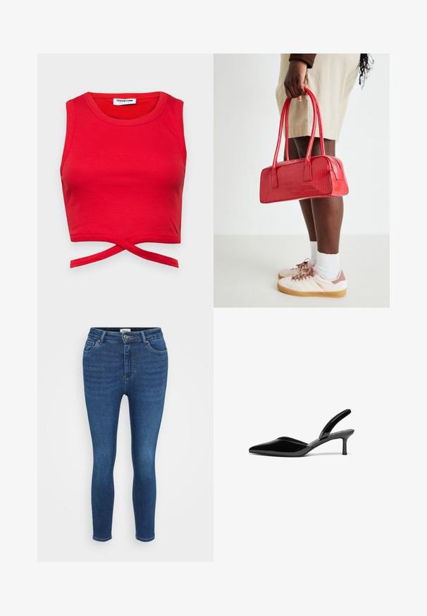 Top corto de algodón rojo con textura acanalada, diseño sin mangas y un detalle de nudo en la parte delantera para una apariencia ajustada.; Jeans ajustados en denim azul oscuro, con un diseño clásico de cinco bolsillos, cierre frontal con botones y textura ligeramente descolorida.; Tacones slingback de charol negro con punta afilada, tacón de aguja bajo y un diseño elegante y simple sin adornos.; Bolso de mano rojo con diseño de cocodrilo en relieve, con dos asas y cierre de cremallera. Forma rectangular, textura suave y acabado brillante.