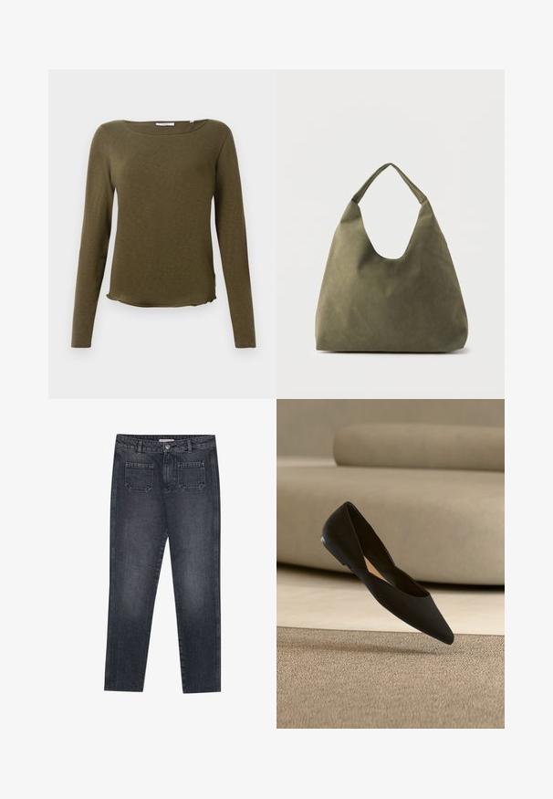 Camisa de manga larga verde oliva con escote redondo, textura suave, dobladillo recto y sutil detalle en las costuras laterales. Tela ligera.; Jeans de mezclilla gris oscuro con un corte recto. Cuenta con dos bolsillos traseros, cierre de botón y passadores para cinturón. Textura de desvanecimiento sutil.; Zapato plano negro de punta puntiaguda suspendido sobre una alfombra beige texturizada con un sofá de color neutro al fondo.; Bolso de hombro de cuero suave color verde oliva con una correa ancha y única, y una forma relajada y sin estructura sobre un fondo claro.