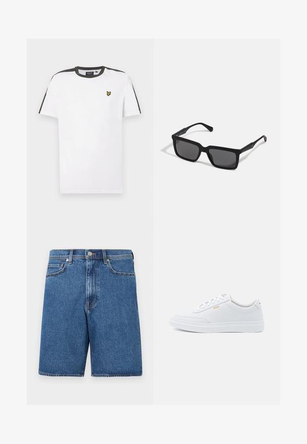 Camiseta blanca de algodón con cuello redondo, con acentos en negro en los hombros y un pequeño logo amarillo en el lado izquierdo del pecho. Mangas cortas.; Pantalones cortos de mezclilla en un tono azul medio, con un diseño clásico de cinco bolsillos, detalles de costura y una silueta de corte recto.; Zapatillas de cuero blanco con textura suave, puntera redondeada y costuras tonales. Cuentan con cordones azules y un logo dorado en el lateral.; Gafas de sol negras con lentes rectangulares, acabado mate, montura gruesa y brazos delgados con un discreto detalle de marca.