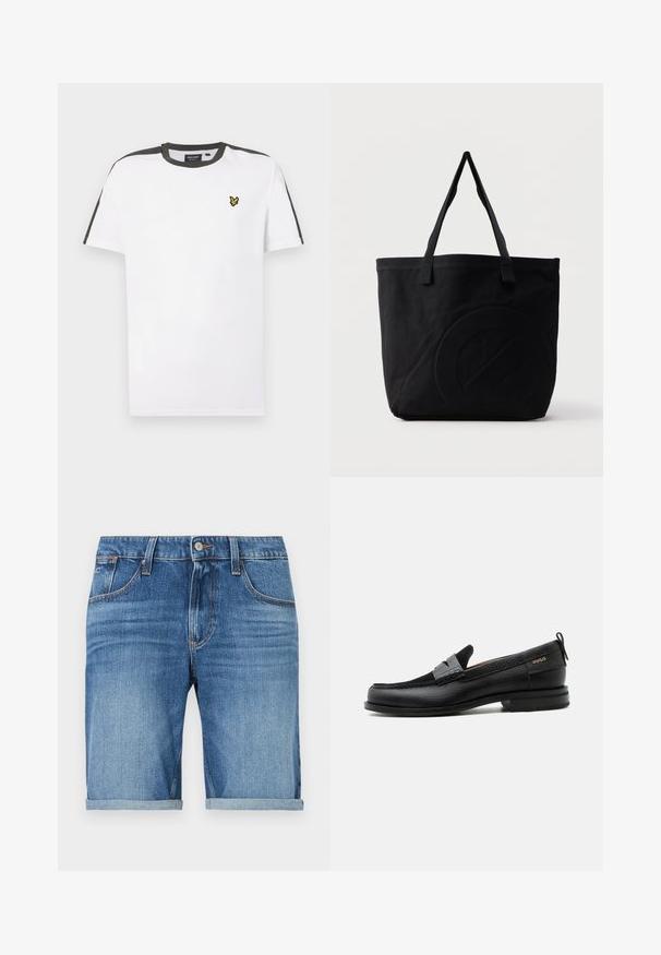 Camiseta blanca de algodón con cuello redondo, con acentos en negro en los hombros y un pequeño logo amarillo en el lado izquierdo del pecho. Mangas cortas.; Shorts de mezclilla en un tono azul medio, con dobladillo enrollado, diseño de cinco bolsillos y detalles de costura sutiles.; Mocasín de cuero negro con detalle de tira gris, tacón bajo y suela texturizada, con la marca "HUGO" en oro en el lateral.; Bolsa tote de lona negra con dos correas para el hombro y un diseño circular en relieve sutil en el frente.