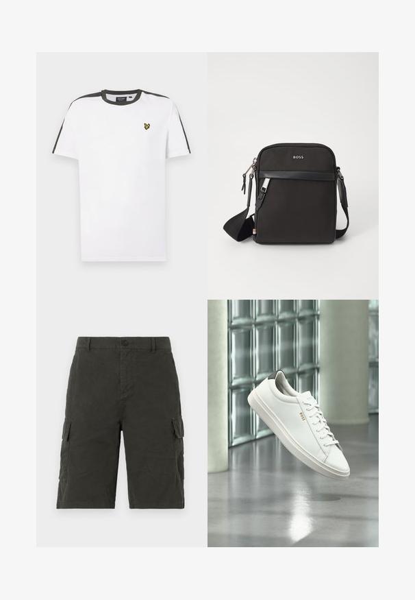 Witte katoenen T-shirt met een ronde hals, zwarte schouderaccenten en een klein geel logo op de linkerkant van de borst. Korte mouwen.; Donkergroene cargoshorts van een lichte stof, met twee zijzakken en een knoopsluiting bij de taille.; Witte leren lage sneaker met veters, zwarte hielstrook en "BOSS"-logo, zwevend binnenshuis bij een glazen stenen muur en gepolijste vloer.; Zwarte schoudertas van textuurstof, met logo aan de voorkant, ritssluiting en verstelbare schouderband. Voorzien van een gladde leren rand.