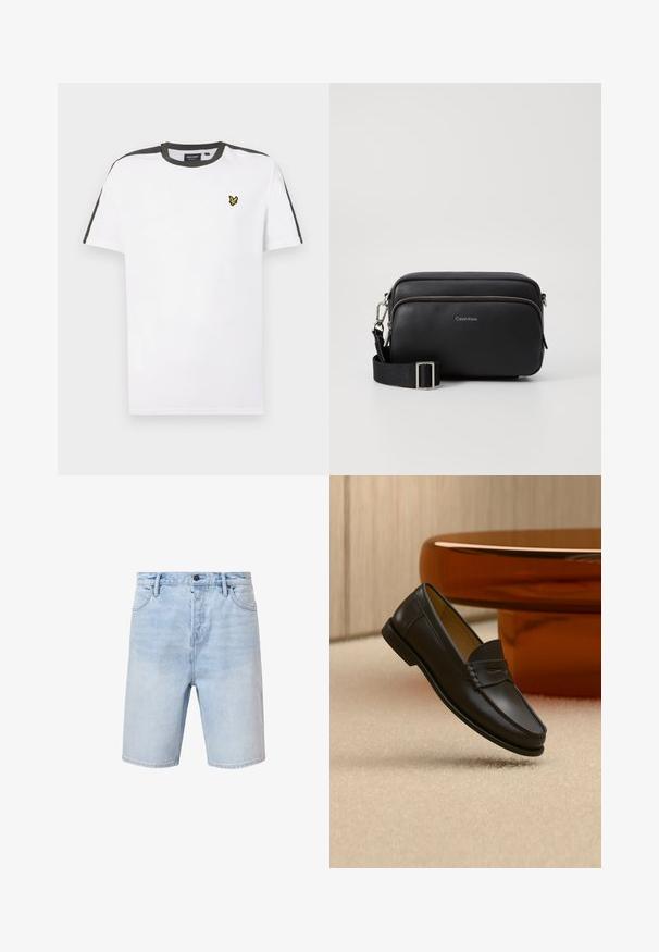 Camiseta blanca de algodón con cuello redondo, con acentos en negro en los hombros y un pequeño logo amarillo en el lado izquierdo del pecho. Mangas cortas.; Pantalones cortos de mezclilla azul claro con un ajuste regular, diseño de cinco bolsillos y cierre de botón. Presentan un ligero desvanecimiento y dobladillo cosido.; Zapato mocasín de cuero negro suspendido sobre una alfombra beige con muebles modernos de color ámbar en el fondo.; Bolso bandolera de cuero negro con dos compartimentos con cremallera, acabado texturizado, correa ajustable y acentos de hardware en plata. Logo de Calvin Klein exhibido.