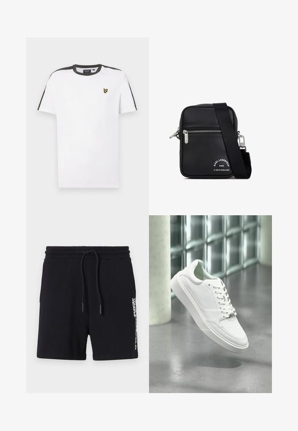Camiseta blanca de algodón con cuello redondo, con acentos en negro en los hombros y un pequeño logo amarillo en el lado izquierdo del pecho. Mangas cortas.; Pantalones cortos de algodón negros con cintura elástica ajustable, presentan un estampado de logotipo blanco en el lateral y una textura suave. Diseño clásico.; Zapatilla deportiva de cuero blanco con punta redondeada, cierre frontal con cordones y suela plana de goma. Presenta detalles perforados y un sutil acento con el logo.; Bolso cruzado de piel negra con herrajes de plata, un compartimento con cremallera, una superficie texturizada y una marca blanca prominente en el frente.