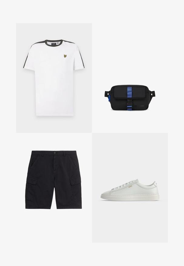 Camiseta blanca de algodón con cuello redondo, con acentos en negro en los hombros y un pequeño logo amarillo en el lado izquierdo del pecho. Mangas cortas.; Pantalones cortos cargo negros con botón y cremallera delanteros, dos bolsillos laterales, dos bolsillos cargo con solapa y presillas para cinturón.; Zapatilla blanca de cuero de corte bajo con cordones, suela plana y pequeño logo dorado "BOSS" en el lateral, vista desde el lado exterior.; Bolsa de tela negra con forma rectangular, que cuenta con una correa azul y un cierre, un lazo lateral y un logo en relieve en la parte frontal.