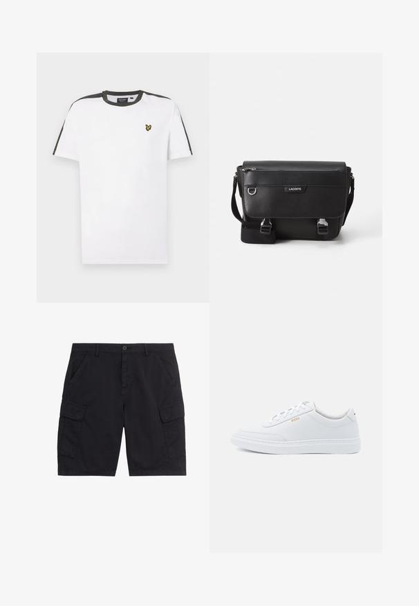 Weißes Baumwoll-T-Shirt mit Rundhalsausschnitt, schwarzen Schulterakzenten und einem kleinen gelben Logo auf der linken Brust. Kurze Ärmel.; Schwarze Cargo-Shorts mit vorderem Knopf und Reißverschluss, zwei seitlichen Taschen, zwei Klappentaschen und Gürtelschlaufen.; Weiße Leder-Sneaker mit glatter Textur, runder Zehenpartie und tonal abgestepptem Design. Mit blauen Schnürsenkeln und einem goldenen Logo an der Seite.; Schwarze, strukturierte Lacoste-Umhängetasche mit verstellbarem Tragegurt, Frontklappe, Reißverschlusstasche und Metallschnallen.