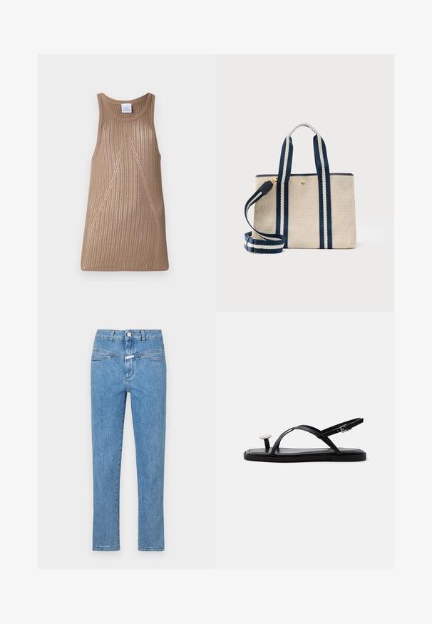 Beige, udenærmet strik top med ribbet tekstur, der har en A-formet silhuet og subtile skrå syninger.; Lysblå denimjeans med lige ben, fem lommer og knaplukning. Har en let falmet overflade og minimal syning.; Sort flad sandal med tynde krydsede remme, ankelspænde og en stor rund hvid perle-lignende dekoration over tå-skinnen.; Beige stoftaske med navyblå og hvide stribede håndtag og aftagelig skulderrem, med en lille guldknap som lukning.