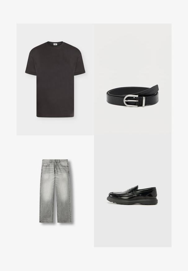 T-shirt noir basique à manches courtes et col rond avec un design de revers plié sur les manches, présenté sur fond blanc.; Jean en denim gris délavé droit avec poches avant, passants de ceinture et fermeture par bouton sur fond blanc.; Mocassin en cuir noir avec une finition brillante, bout arrondi, détails de couture subtils et semelle en caoutchouc épaisse pour la durabilité.; Ceinture en faux cuir noir avec texture crocodile et boucle ronde en argent, enroulée sur un fond blanc uni.