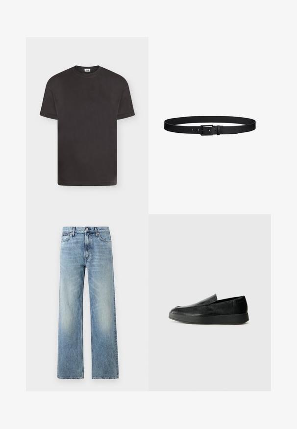 T-shirt noir basique à manches courtes et col rond avec un design de revers plié sur les manches, présenté sur fond blanc.; Jean droit en denim bleu clair avec taille haute, cinq poches, fermeture à boutons et léger délavage sur les cuisses et les genoux.; Calvin Klein HYBRID CUP - Chaussons - triple black; Ceinture en cuir noir avec motif texturé, boucle en métal noir et plusieurs trous d'ajustement, posée à plat sur un fond blanc.