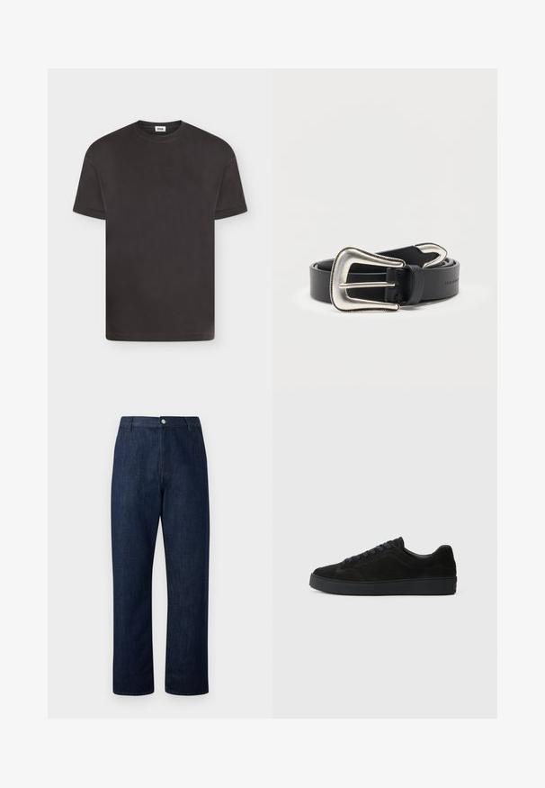 T-shirt noir basique à manches courtes et col rond avec un design de revers plié sur les manches, présenté sur fond blanc.; Jean bleu marine à jambes droites avec passants pour ceinture, bouton sur le devant et fermeture éclair sur un fond clair uni.; Basket en suède noire avec une semelle plate et texturée, un bout rond, six œillets pour les lacets et un design minimaliste.; Ceinture en cuir noir avec une grande boucle de style western argentée et une pointe de ceinture argentée assortie, enroulée sur un fond blanc.
